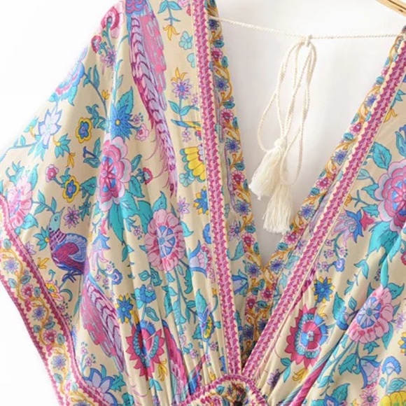 Boho Floral Bird Gypsy Print Maxi Long Dress - Picture 11 of 15